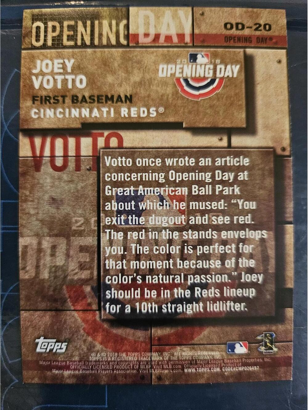 Joey Votto - 2018 Topps Opening Day Insert #OD-20 - RAW Mint - Picture 2 of 2